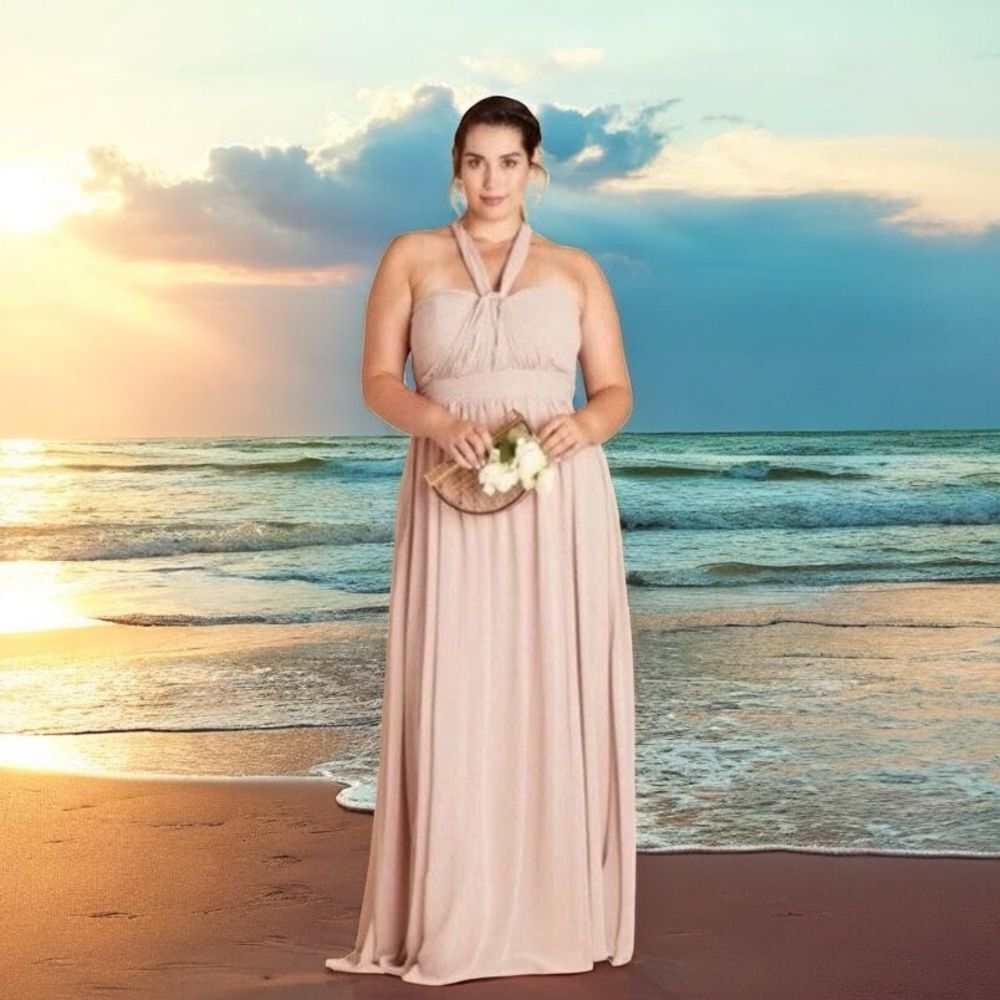 Birdy Grey Grace Convertible Chiffon Maxi Bridesmaid Dress Taupe Size Large NEW